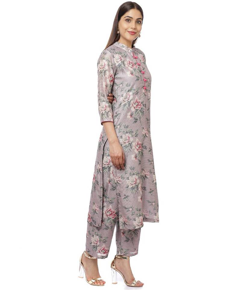 Pearl Purple Floral Thread Straight Kurti with Straight Palazzos