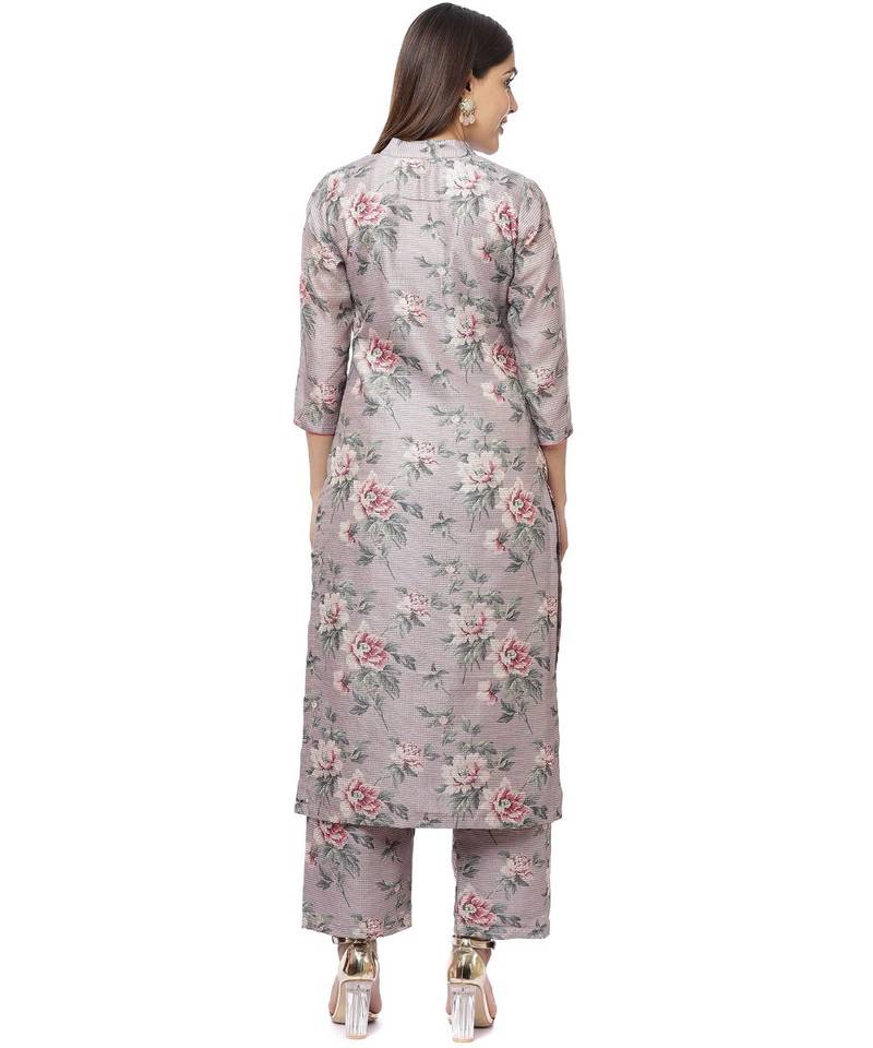 Pearl Purple Floral Thread Straight Kurti with Straight Palazzos