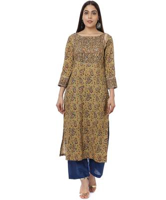 Mustard Kalamkari Shades Yoke Kurti with Straight Pants 1