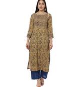 Mustard Kalamkari Shades Yoke Kurti with Straight Pants