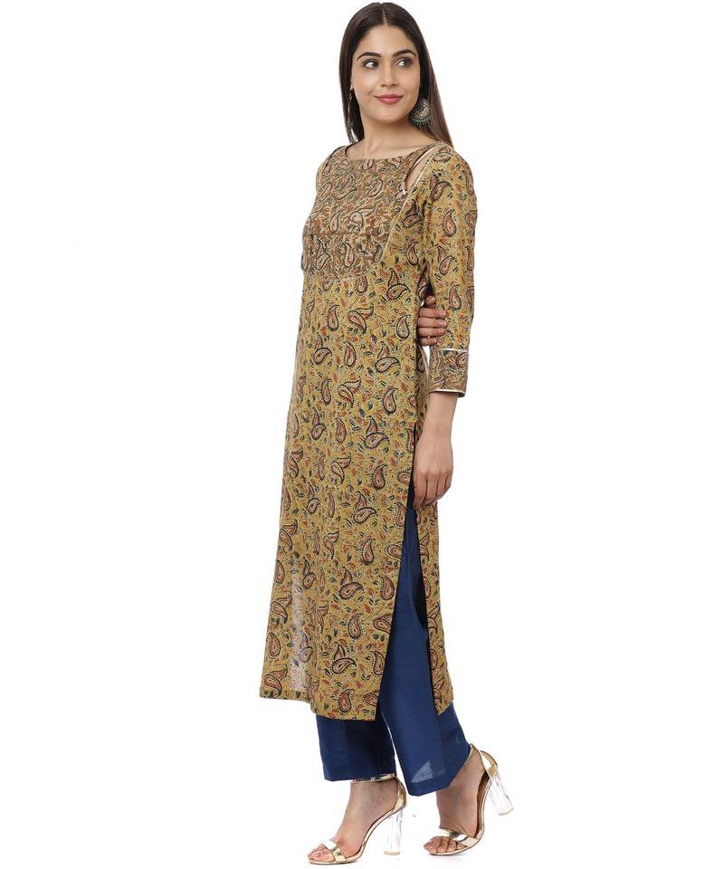 Mustard Kalamkari Shades Yoke Kurti with Straight Pants