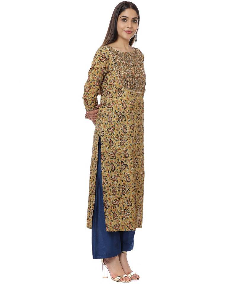 Mustard Kalamkari Shades Yoke Kurti with Straight Pants