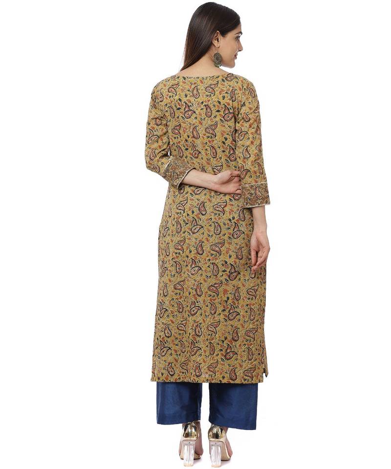 Mustard Kalamkari Shades Yoke Kurti with Straight Pants
