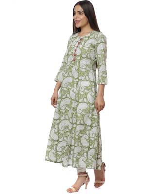 Green Block Printed Paisley Anarkali with Churidaar 1