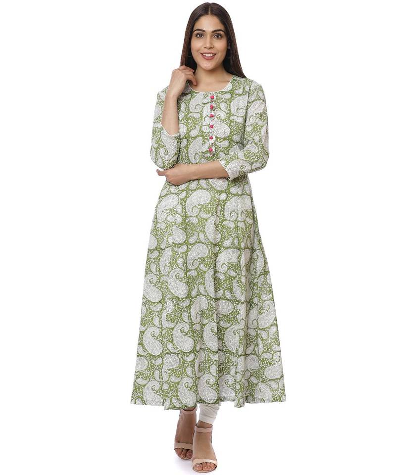 Green Block Printed Paisley Anarkali with Churidaar