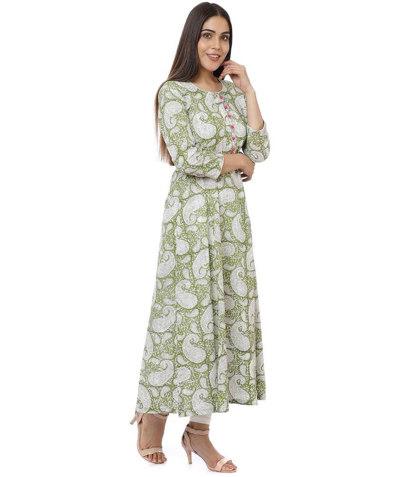 Green Block Printed Paisley Anarkali with Churidaar