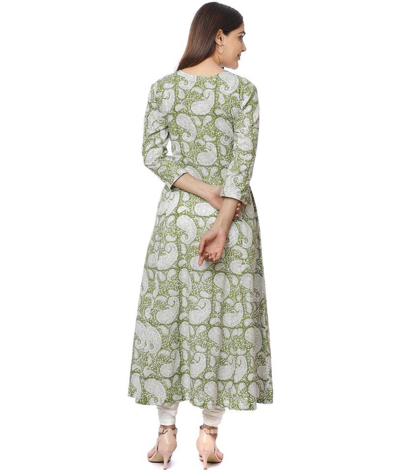 Green Block Printed Paisley Anarkali with Churidaar
