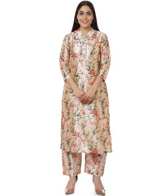 Peach Floral Silk Kurti with Peach Floral Palazzos 1