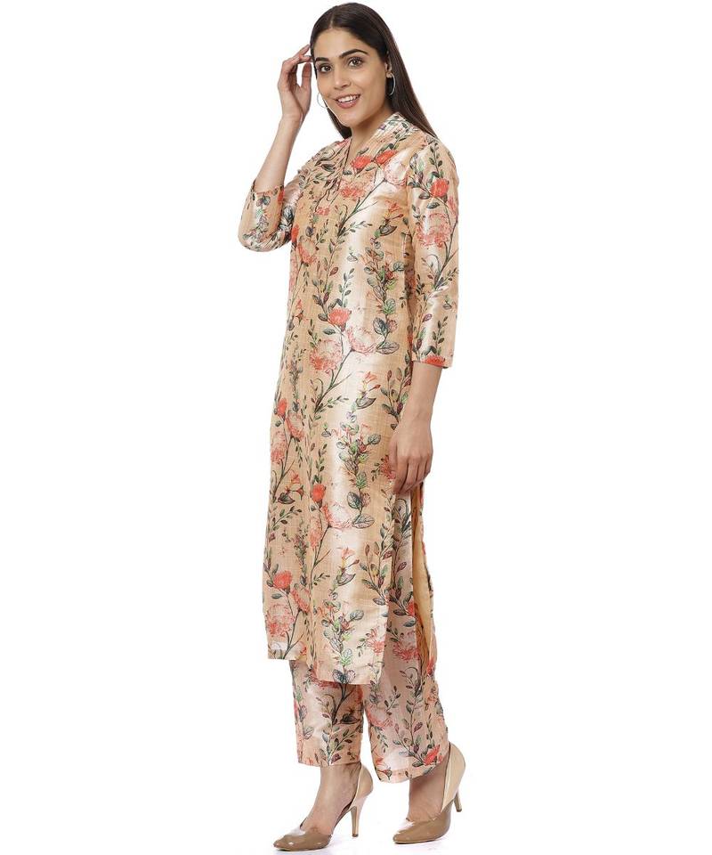 Peach Floral Silk Kurti with Peach Floral Palazzos