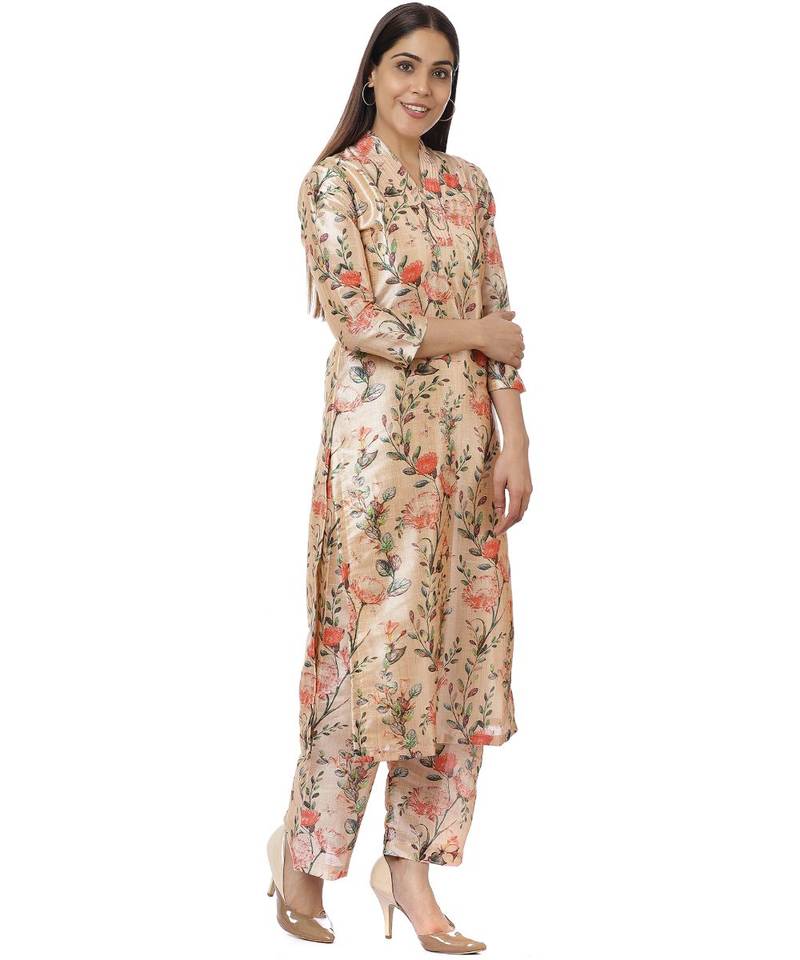 Peach Floral Silk Kurti with Peach Floral Palazzos