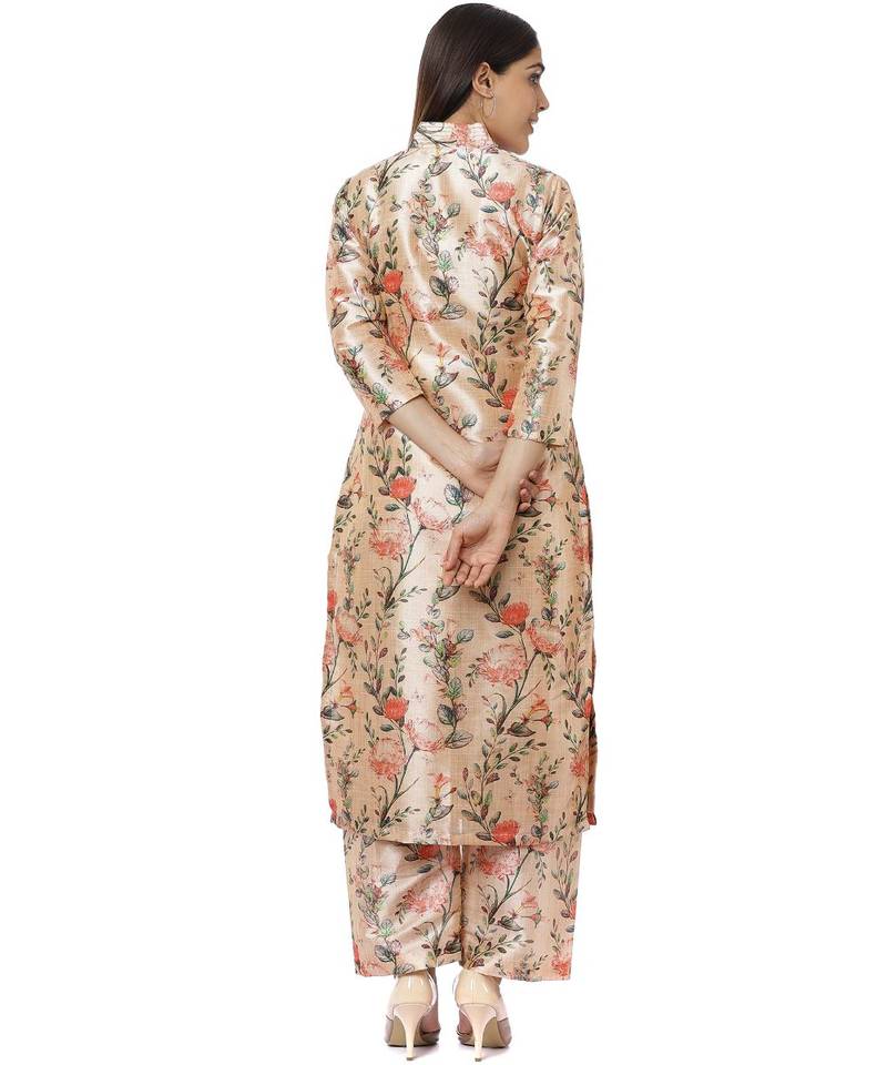 Peach Floral Silk Kurti with Peach Floral Palazzos