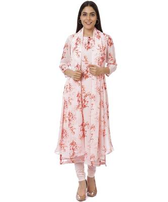 Peach Floral Georgette Kurti with Churidaar and Chiffon Dupatta 1
