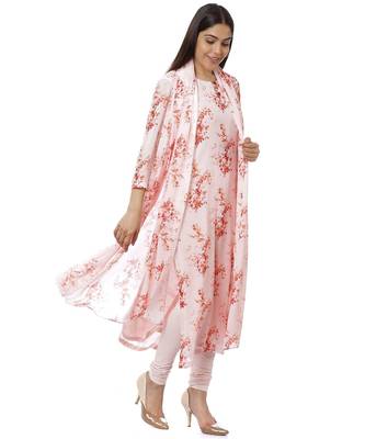 Peach Floral Georgette Kurti with Churidaar and Chiffon Dupatta 2