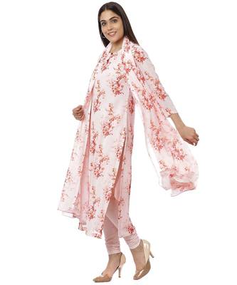 Peach Floral Georgette Kurti with Churidaar and Chiffon Dupatta 3
