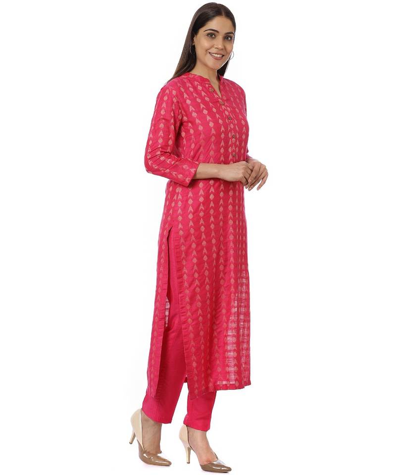 Pink Weaved Kurti with Straight Pants