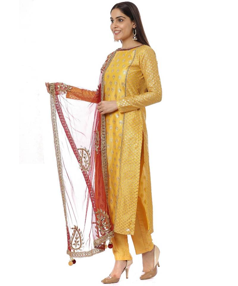 Yellow Printed Panelled Kurti with Yellow Pants and Mirror Paisley Dupatta