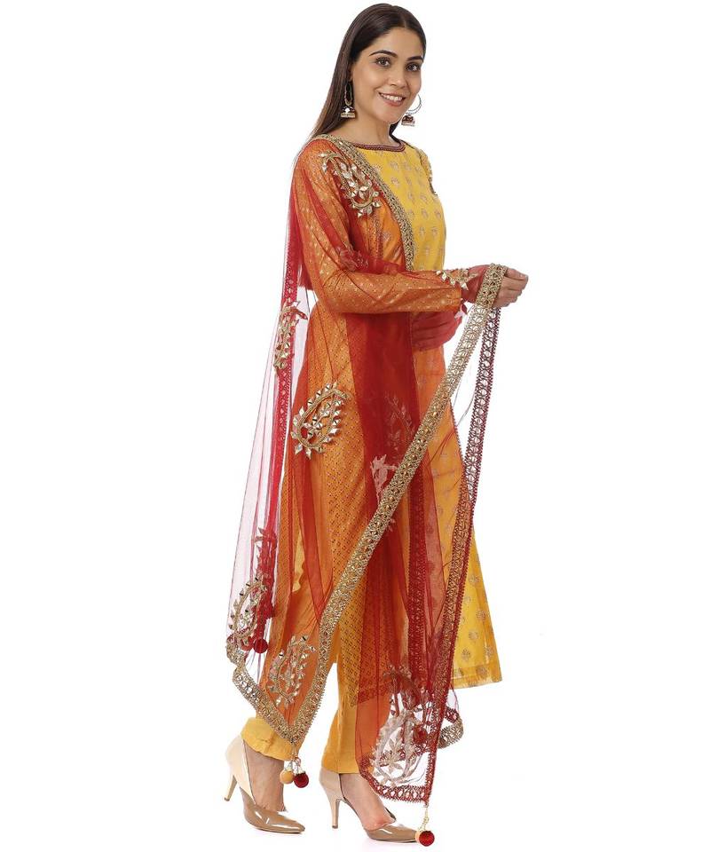 Yellow Printed Panelled Kurti with Yellow Pants and Mirror Paisley Dupatta