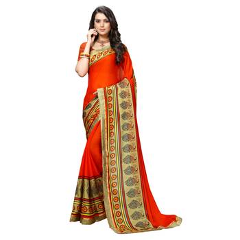 Orange printed Crepe saree with blouse 1