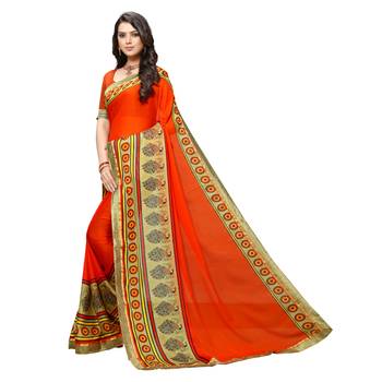 Orange printed Crepe saree with blouse 2