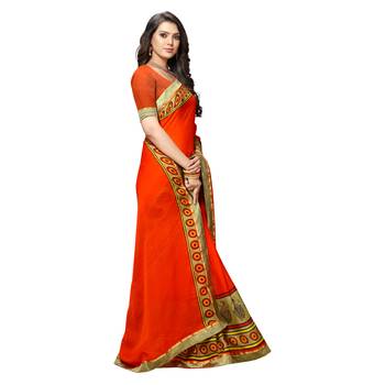 Orange printed Crepe saree with blouse 3