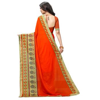 Orange printed Crepe saree with blouse 4