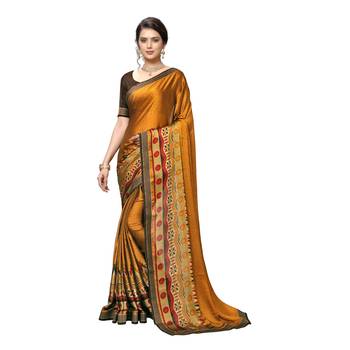 Mustard Printed Art Silk saree with blouse 1