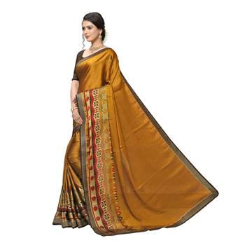 Mustard Printed Art Silk saree with blouse 2