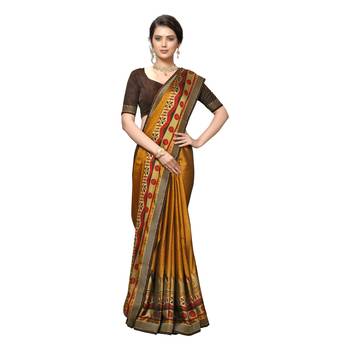 Mustard Printed Art Silk saree with blouse 4