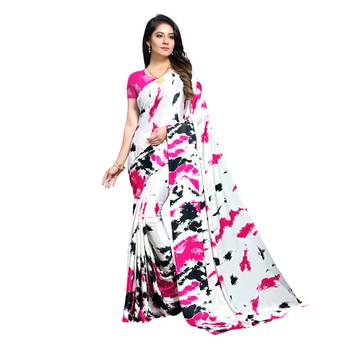Pink Printed Crepe saree with blouse 1
