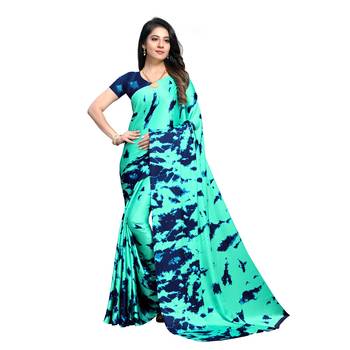 Turquoise Printed Crepe saree with blouse 1