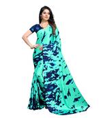 Turquoise Printed Crepe saree with blouse