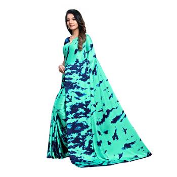 Turquoise Printed Crepe saree with blouse 2