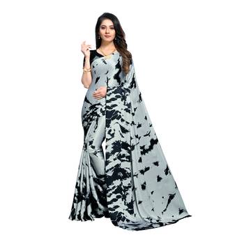 Grey Printed Crepe saree with blouse 1