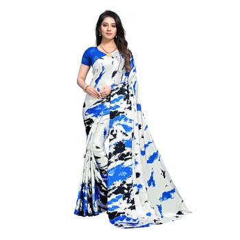 Blue Printed Crepe saree with blouse 1