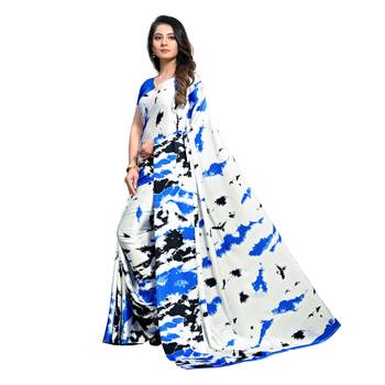 Blue Printed Crepe saree with blouse 2