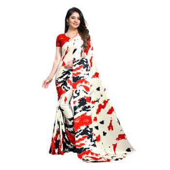 Red Printed Crepe saree with blouse 1