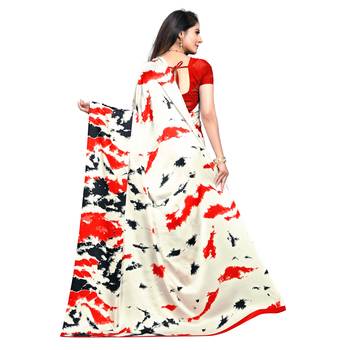 Red Printed Crepe saree with blouse 3