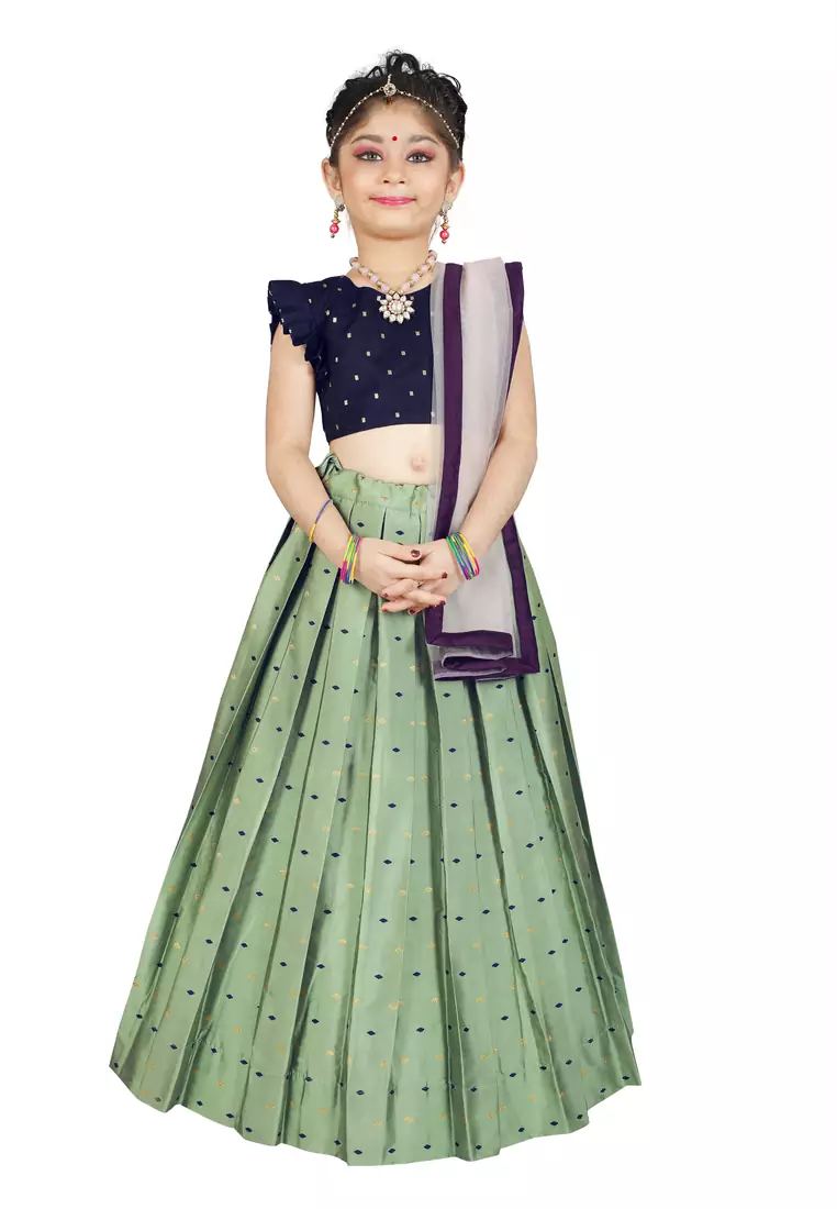 Kids Blue Blouse And Pista Lehenga Choli For Girls 