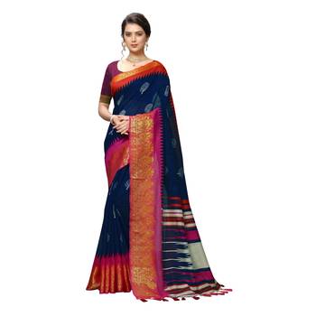 blue Woven cotton saree with blouse 1