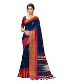 blue Woven cotton saree with blouse