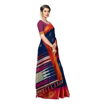 blue Woven cotton saree with blouse 3