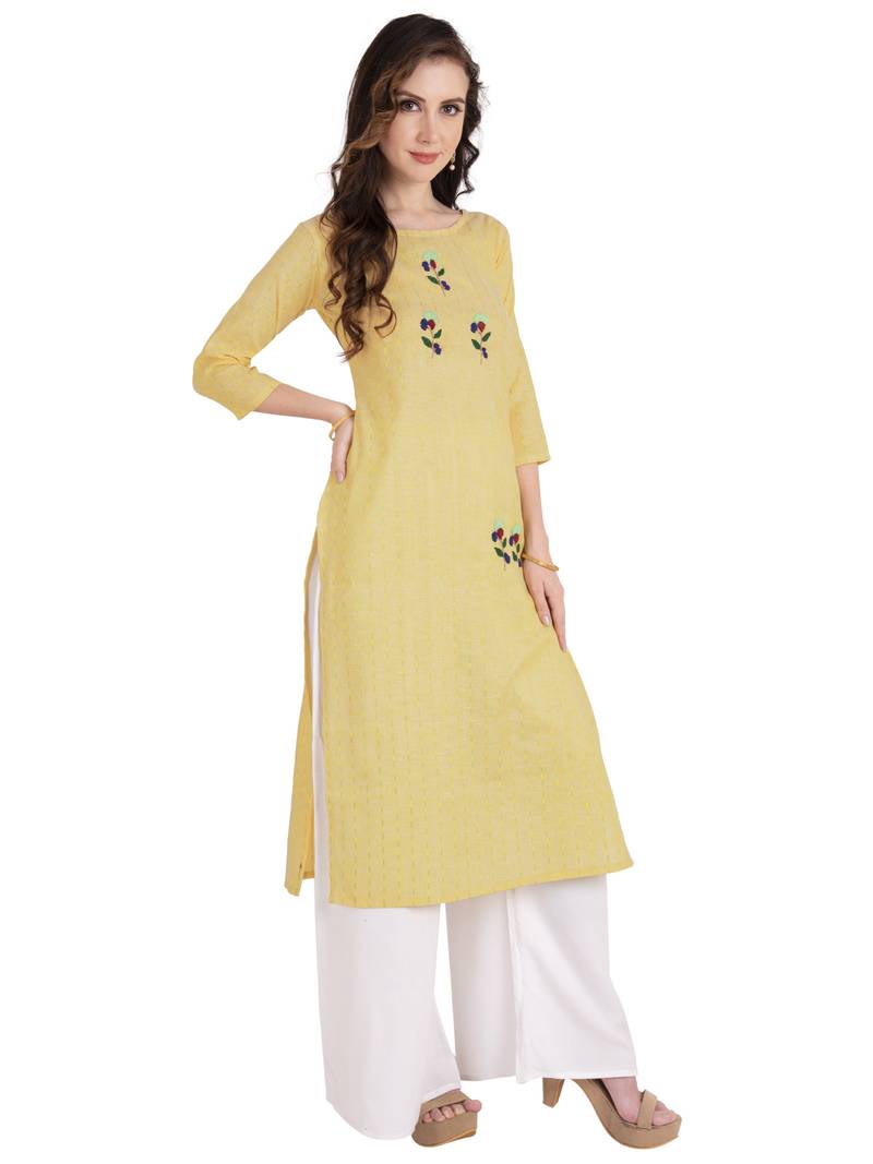 Yellow Embroidered Cotton kurtis