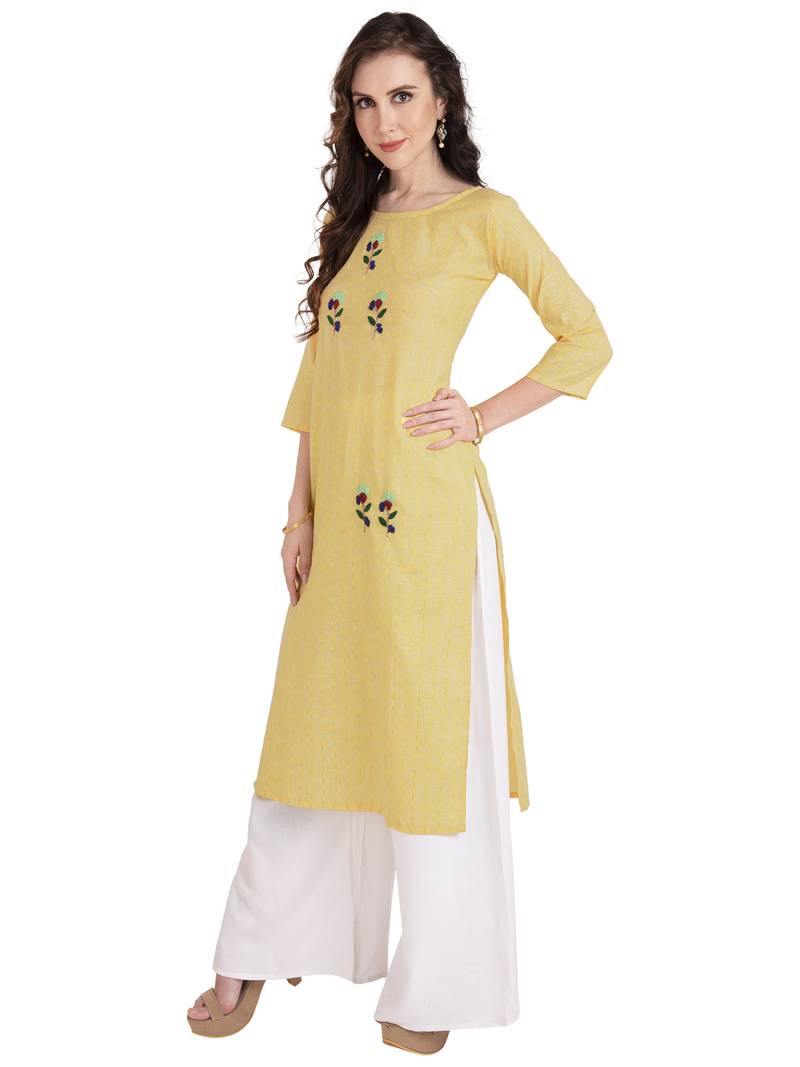 Yellow Embroidered Cotton kurtis