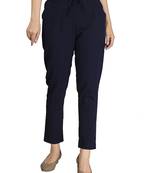 Women's  Navy Blue Cotton Flex Solid Straight Trouser Pant