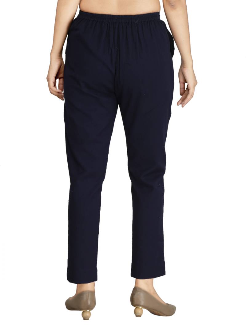 Women's  Navy Blue Cotton Flex Solid Straight Trouser Pant