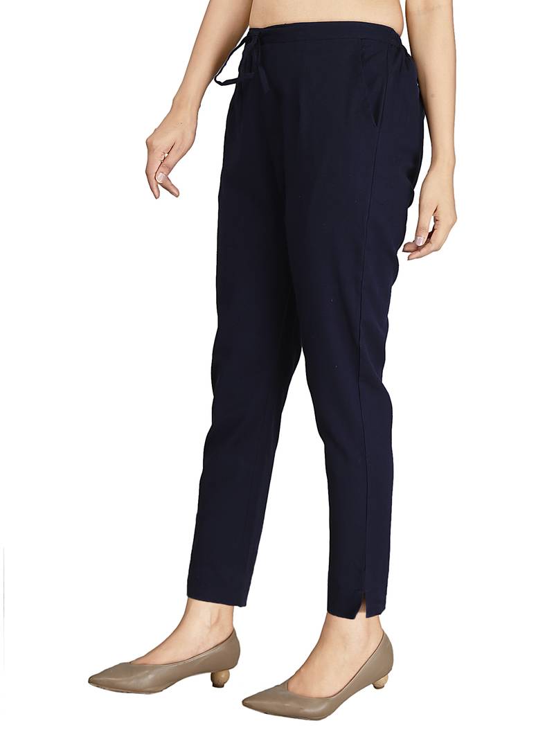 Women's  Navy Blue Cotton Flex Solid Straight Trouser Pant