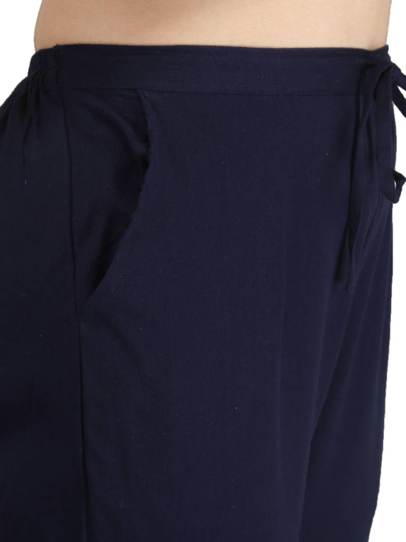 Women's  Navy Blue Cotton Flex Solid Straight Trouser Pant