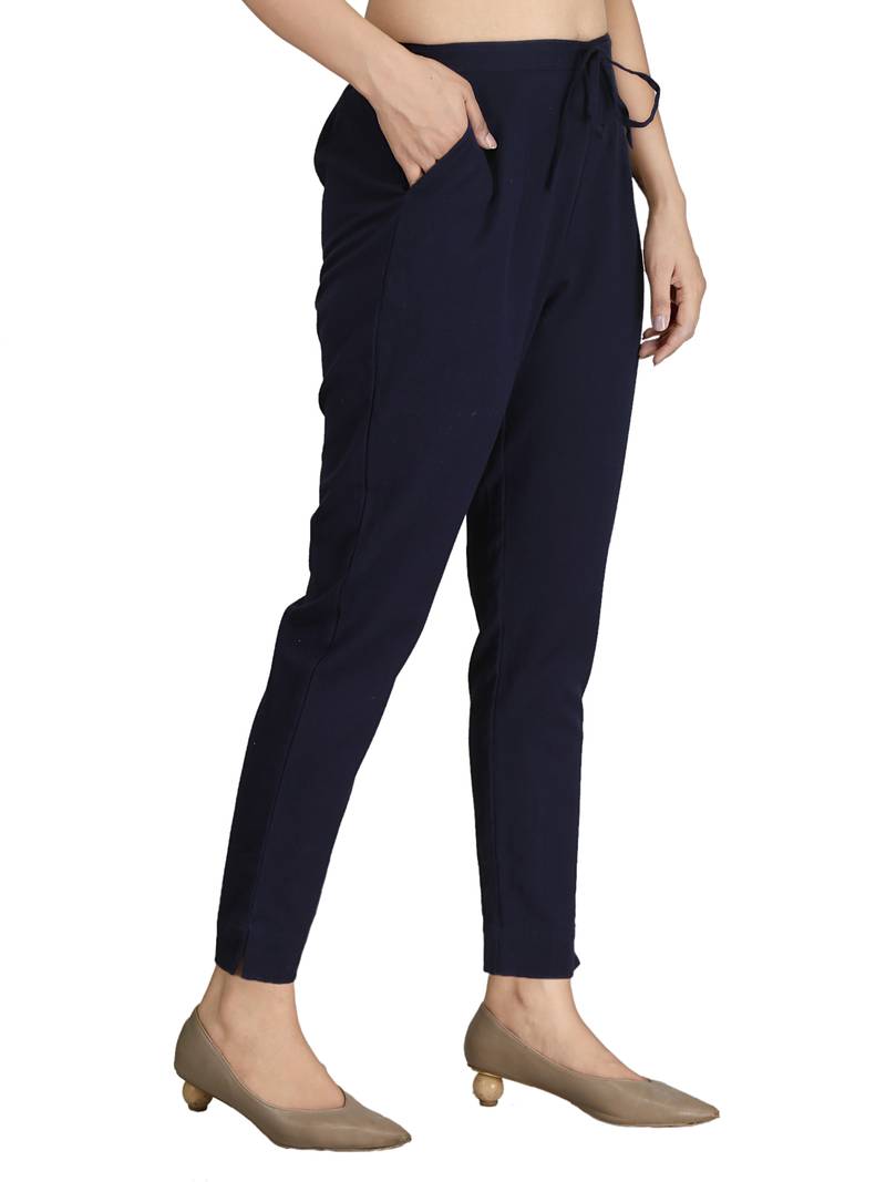 Women's Navy Blue Cotton Flex Solid Straight Trouser Pant MUFFLY — free download