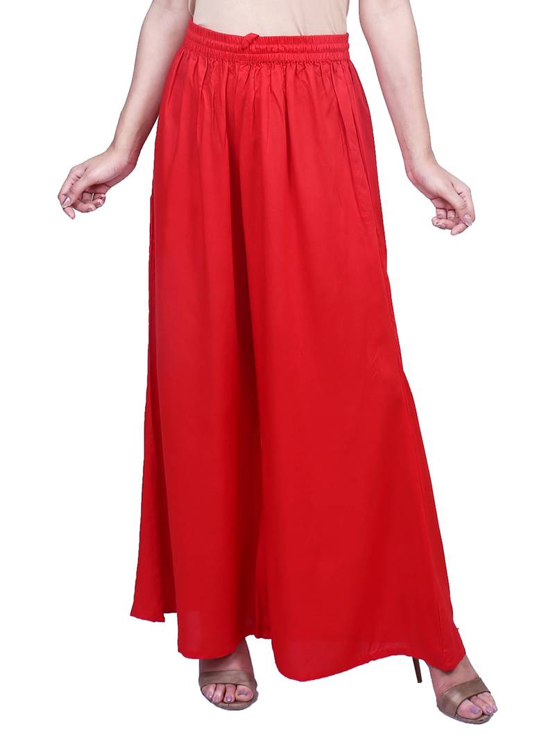 Women's  Red Rayon Solid Flared Palazzo Pant