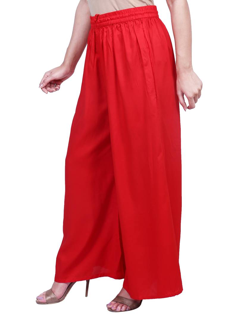 Women's  Red Rayon Solid Flared Palazzo Pant